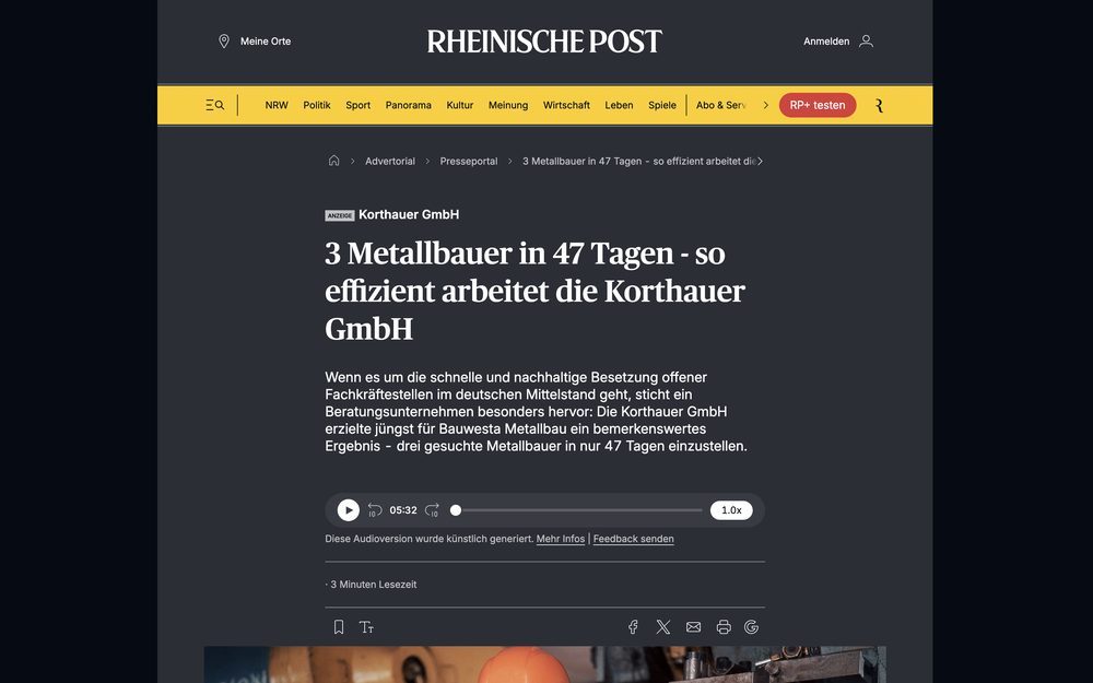 Presseartikel bei Rheinische Post über die KORTHAUER GmbH